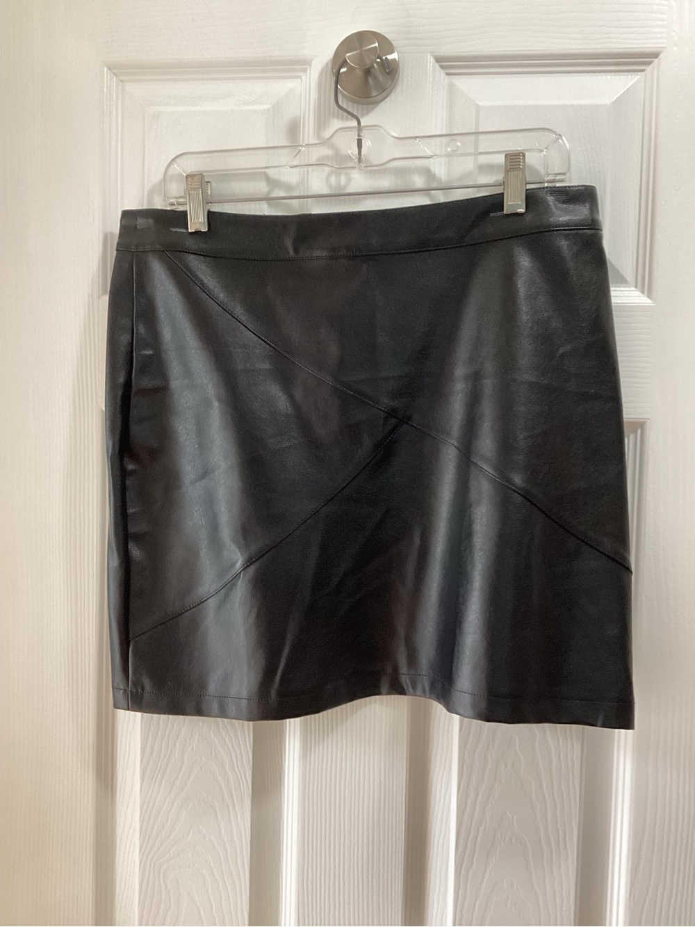 Black Faux Leather Mini Skirt with Diagonal Paneling